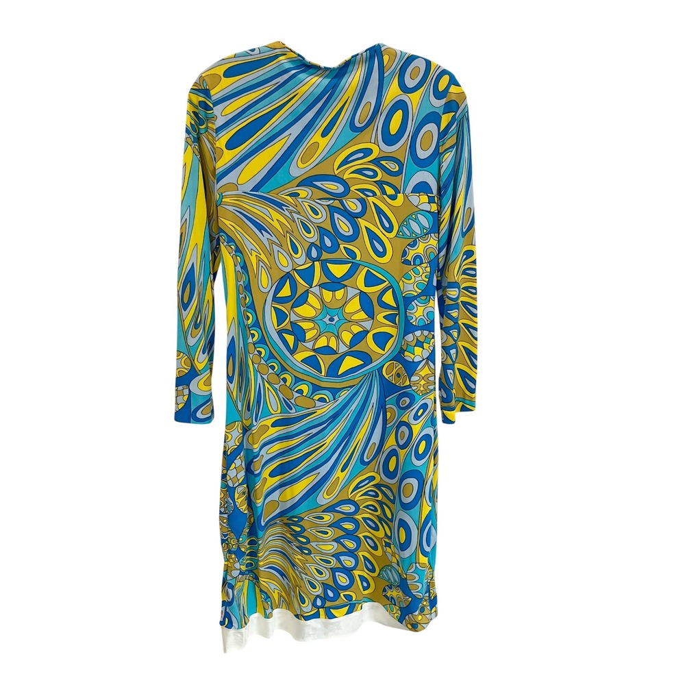 Vintage 60s 70s Mod Psychedelic Shift Dress Blue Yellow Long Sleeve Union Sz 10
